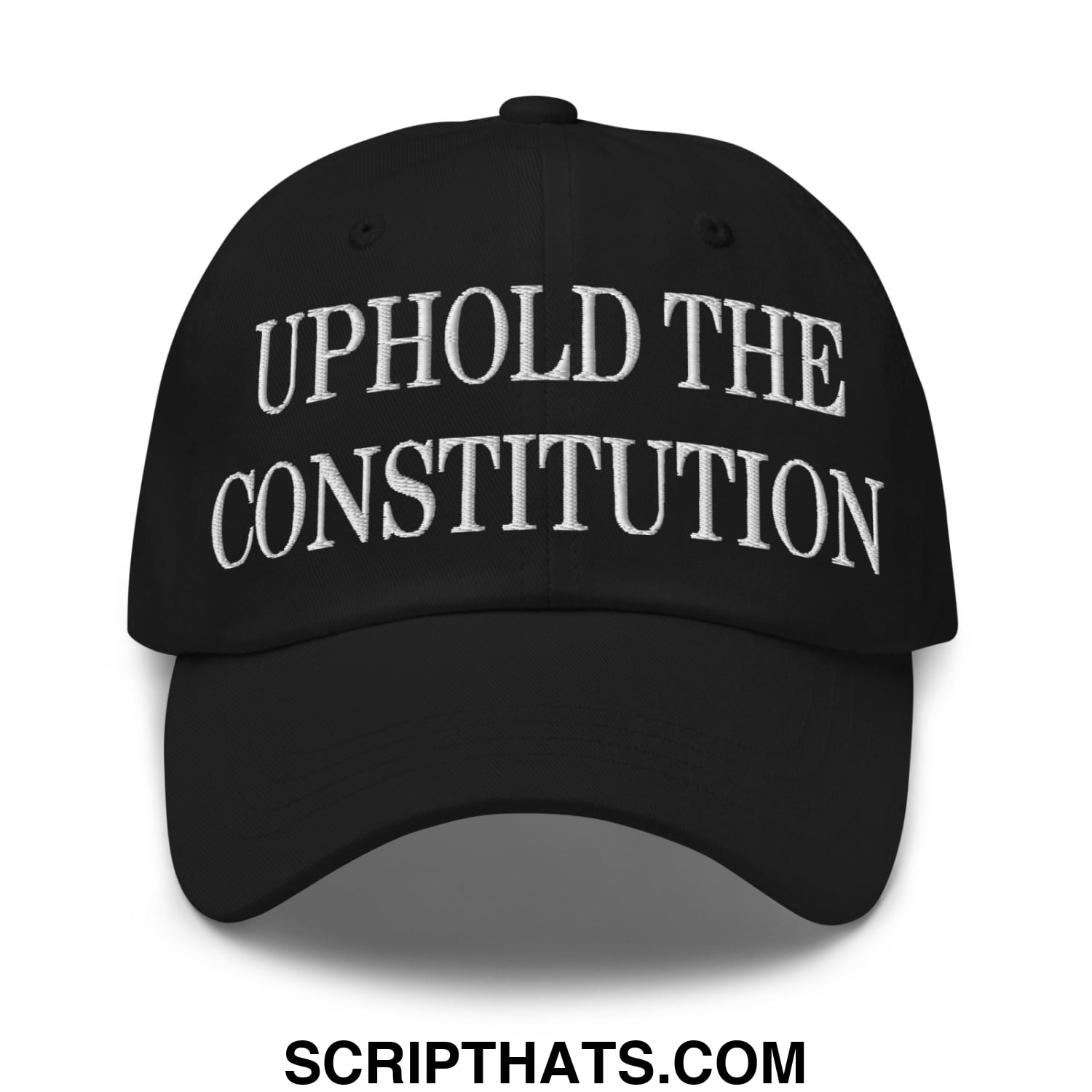 Black unstructured dad hat with white embroidered text uphold the constitution for casual wear