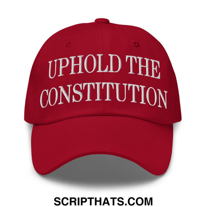 Red unstructured dad hat with white embroidered uphold the constitution text for casual wear