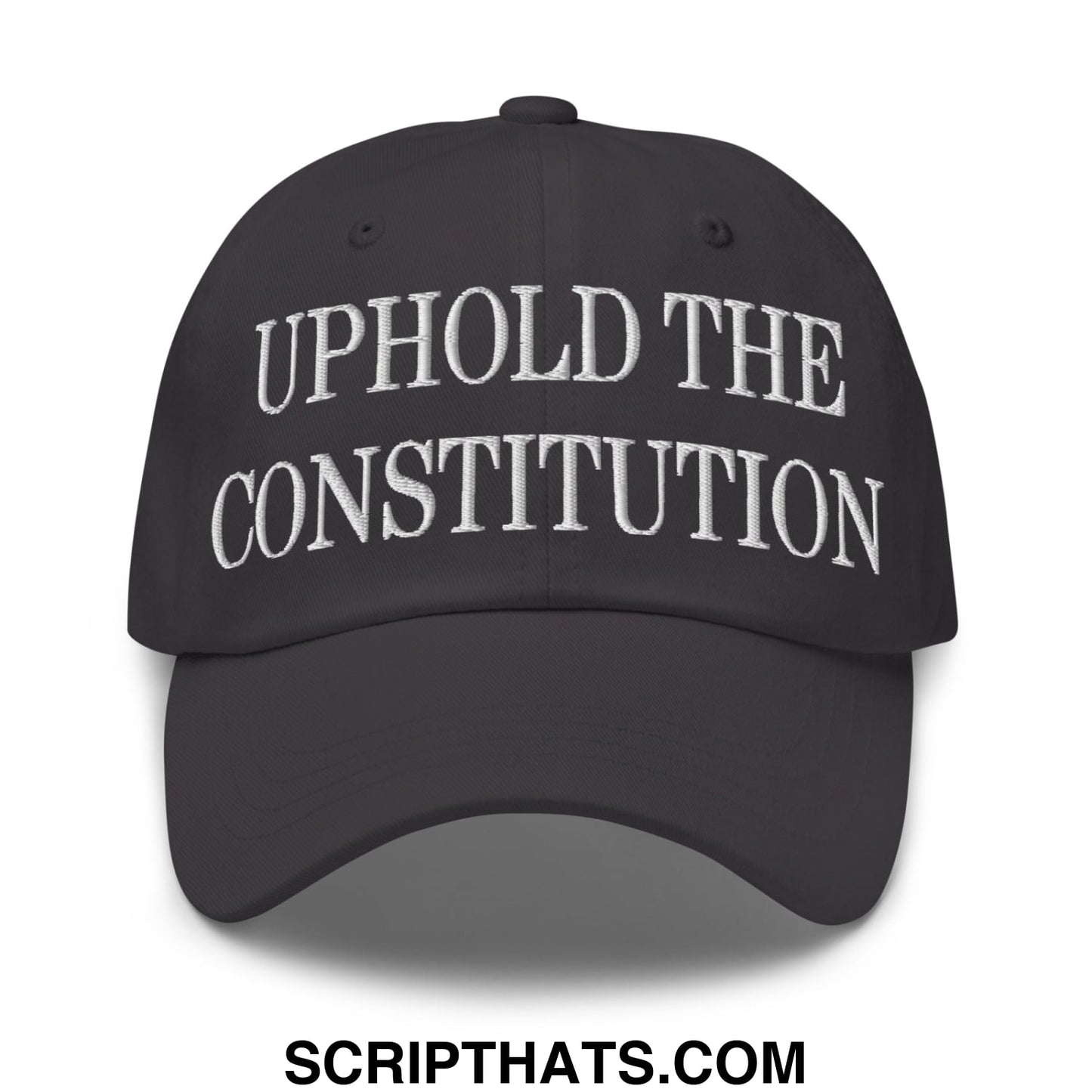 Black unstructured dad hat with white embroidered text uphold the constitution on the front panel
