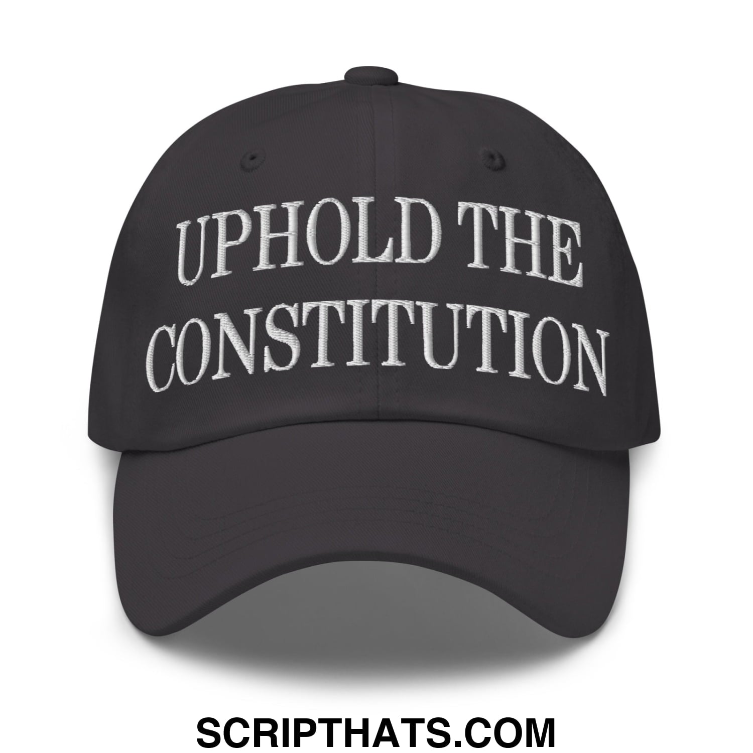Black unstructured dad hat with white embroidered text uphold the constitution on the front panel
