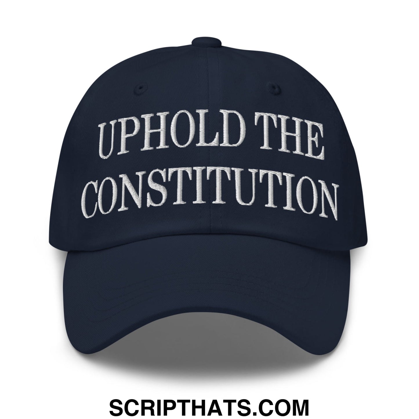 Navy blue unstructured dad hat with white embroidered uphold the constitution text ideal for casual wear