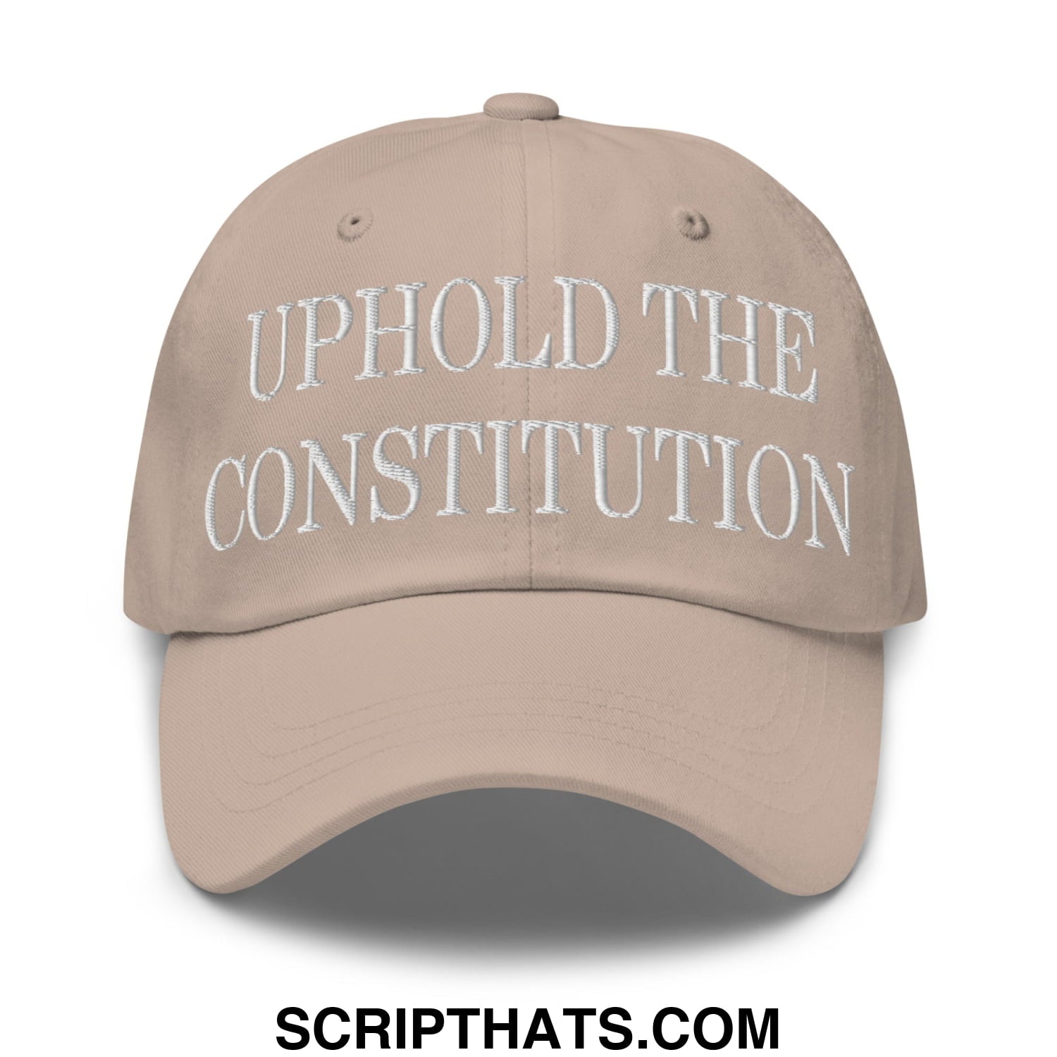 Beige unstructured dad hat with white embroidered text uphold the constitution for casual wear