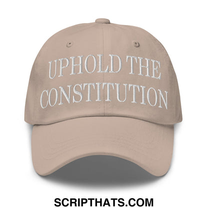 Beige unstructured dad hat with white embroidered text uphold the constitution for casual wear