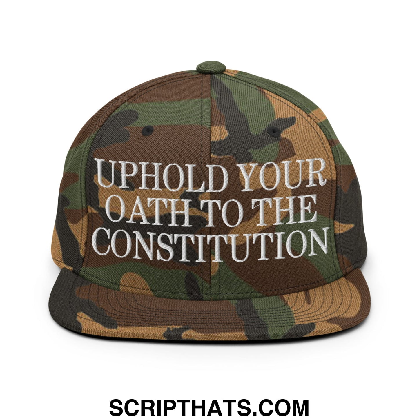 Camouflage-patterned snapback cap with white embroidered text uphold your oath to the constitution on flat bill brim