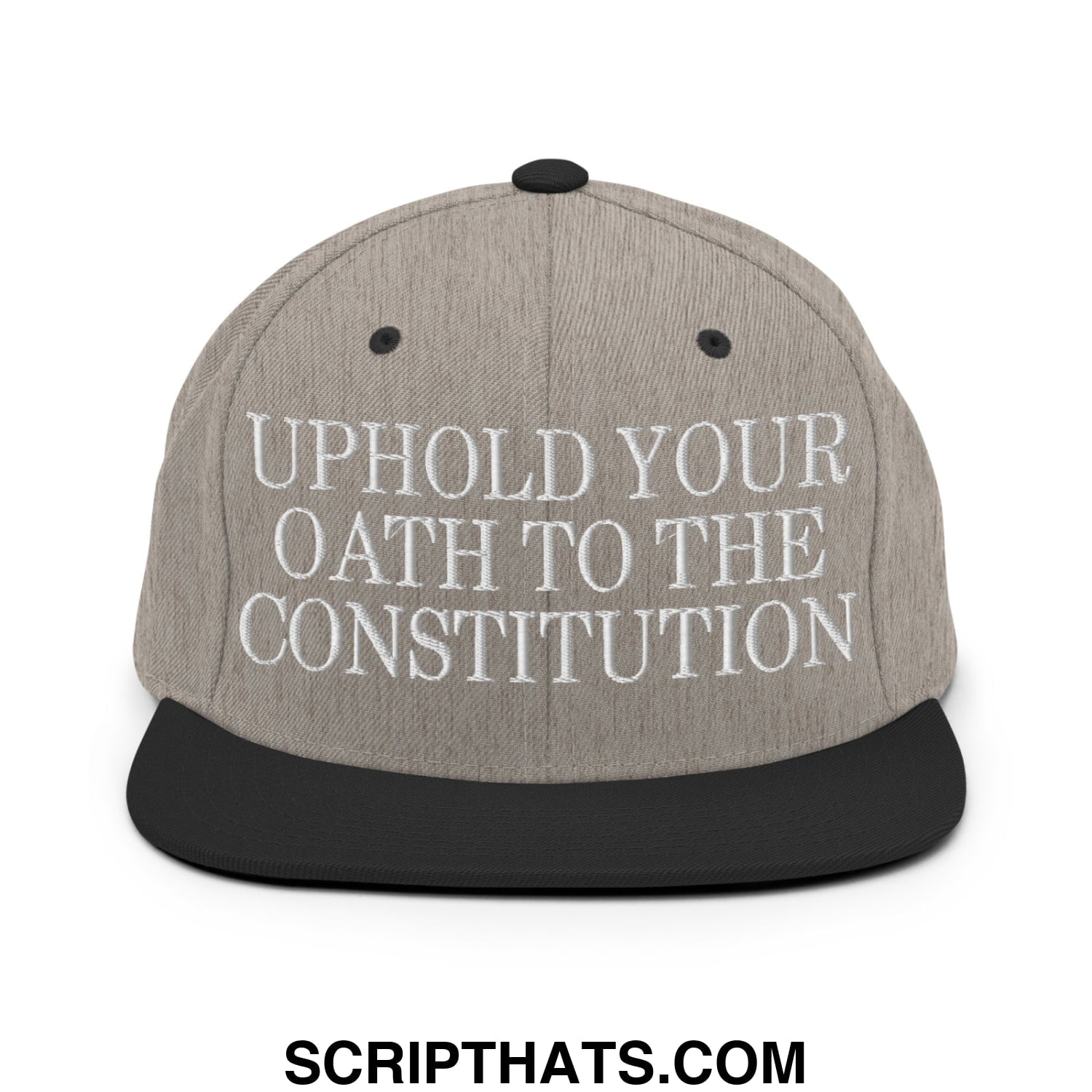 Gray snapback hat with black brim and embroidered white text uphold your oath to the constitution on front