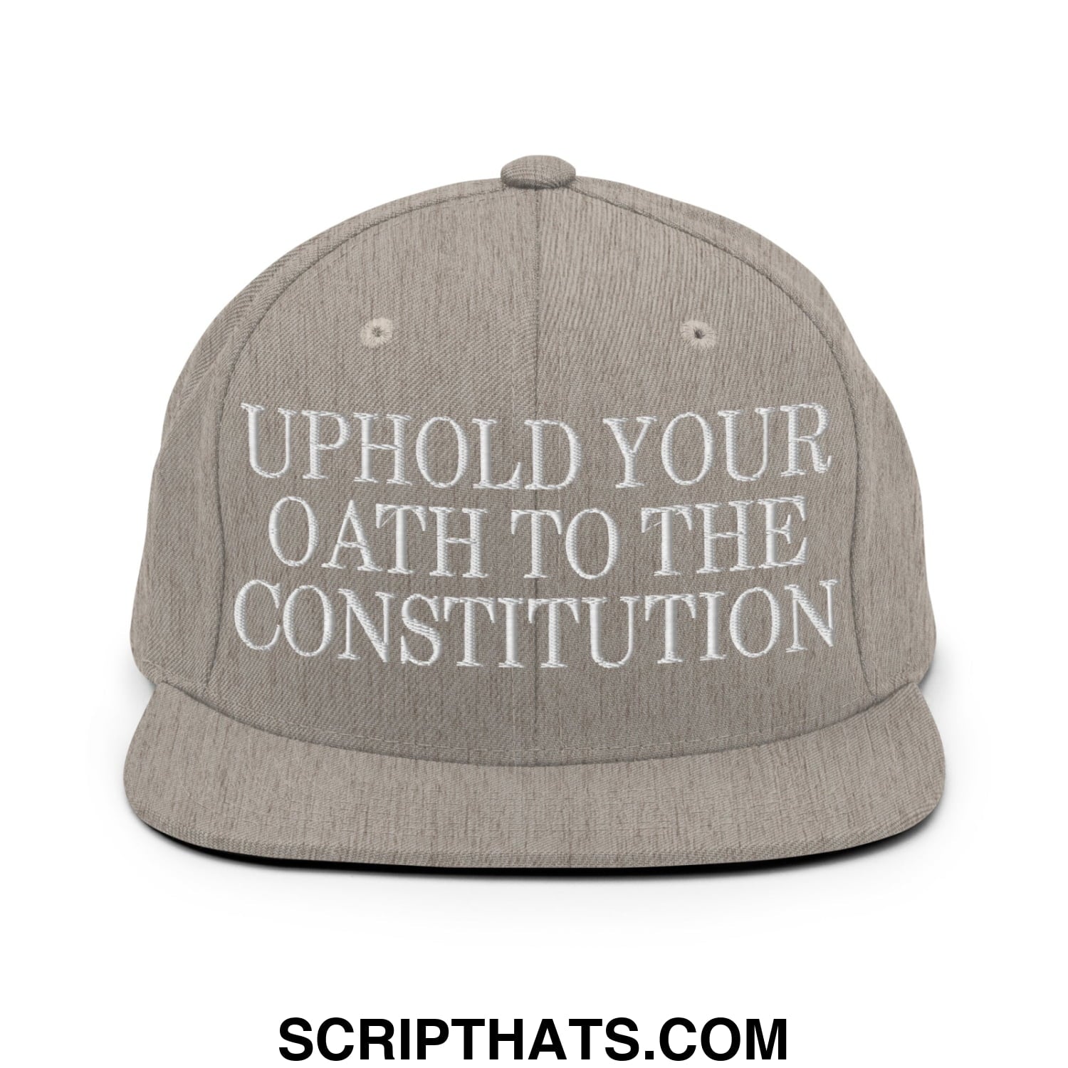 Gray snapback hat with white embroidered uphold your oath to the constitution text on a flat bill brim