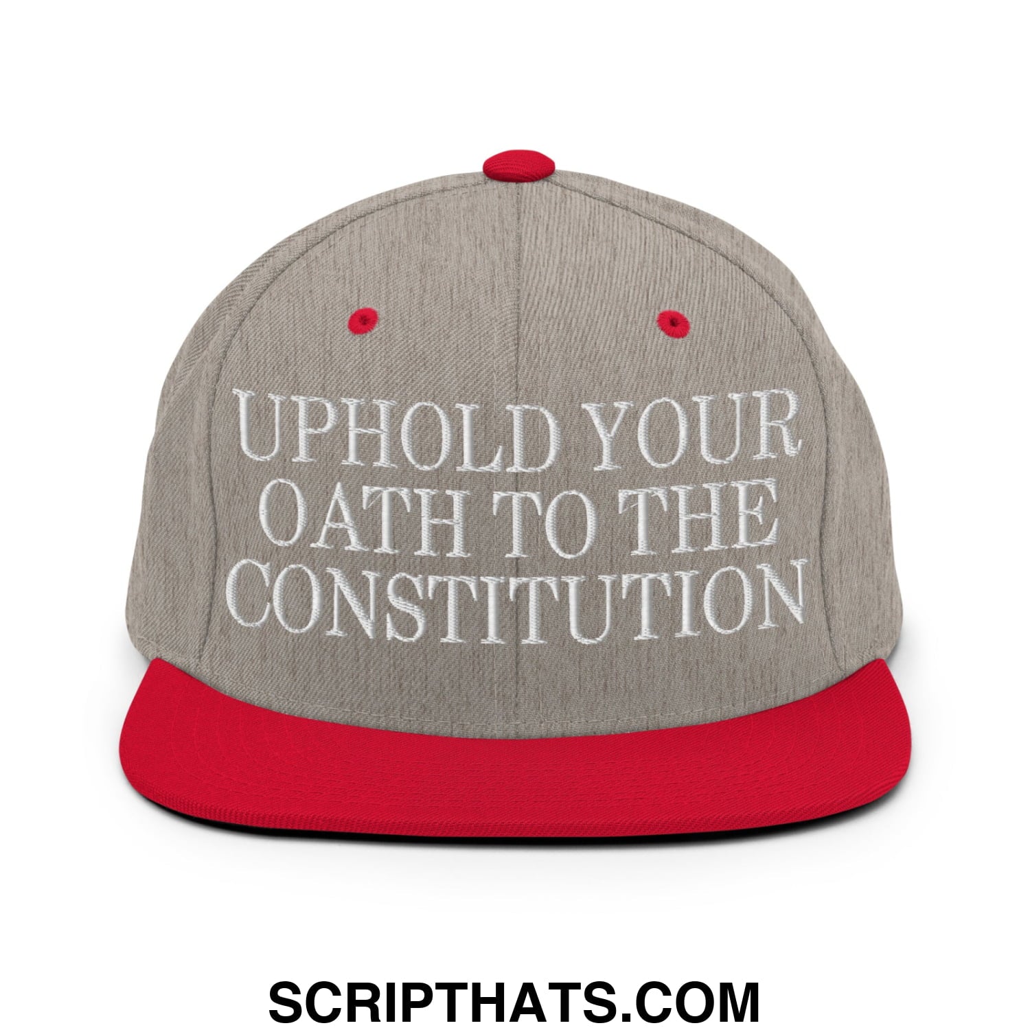 Gray and red snapback hat with white embroidered uphold your oath to the constitution text on flat bill brim
