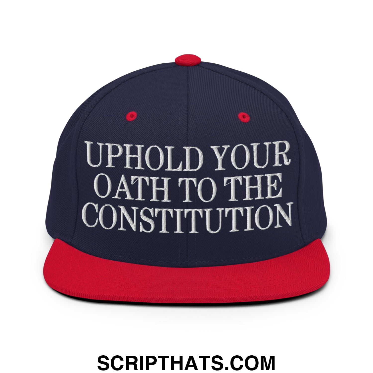 Navy blue and red snapback hat with white embroidered uphold your oath to the constitution text and flat bill brim
