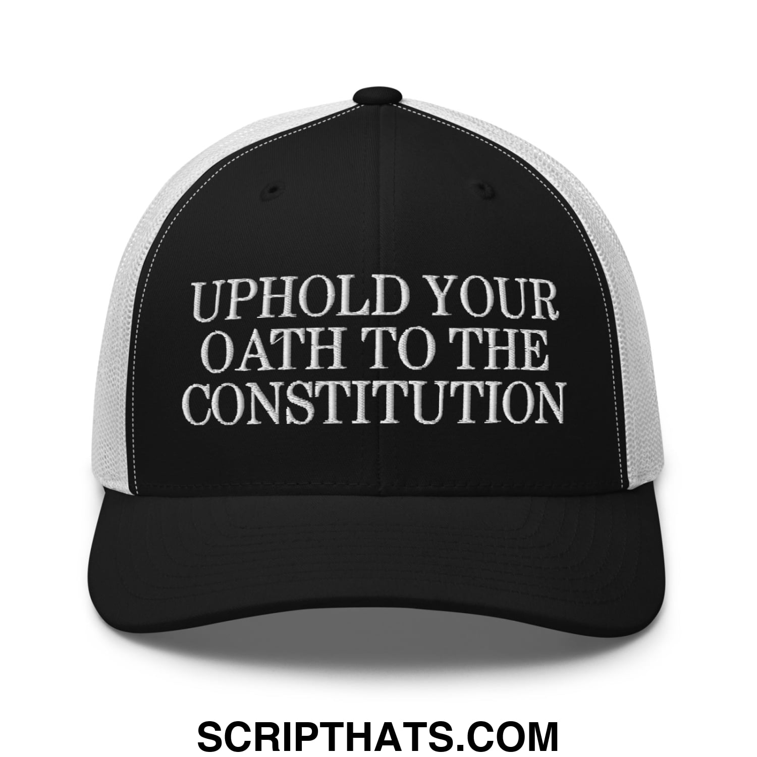 Black and white mesh trucker hat with embroidered bold text uphold your oath to the constitution