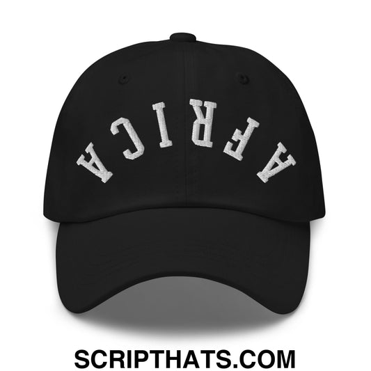 Black unstructured dad hat featuring white embroidered africa lettering in a classic arched design