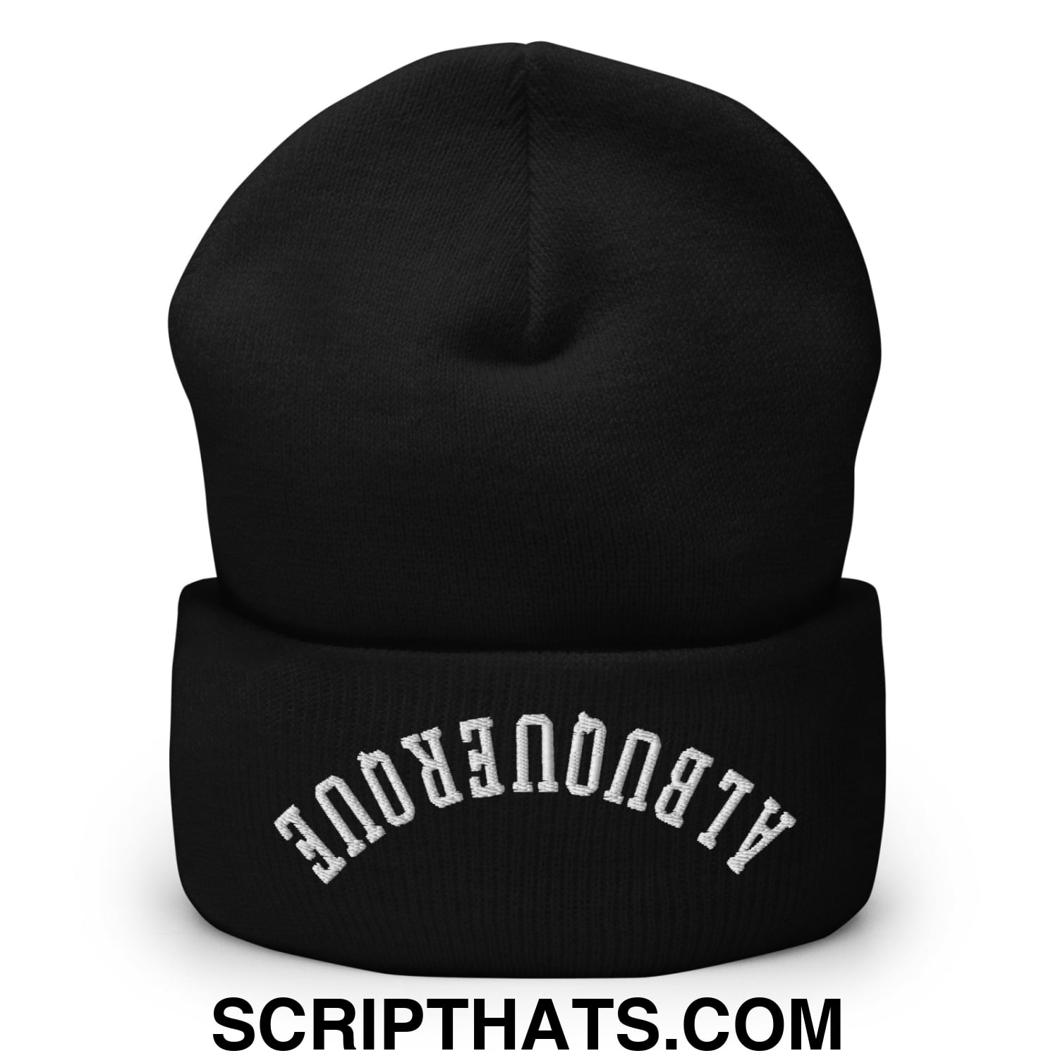 Black knit beanie with white embroidered albuquerque arch on the folded cuff in a cuffed knit style