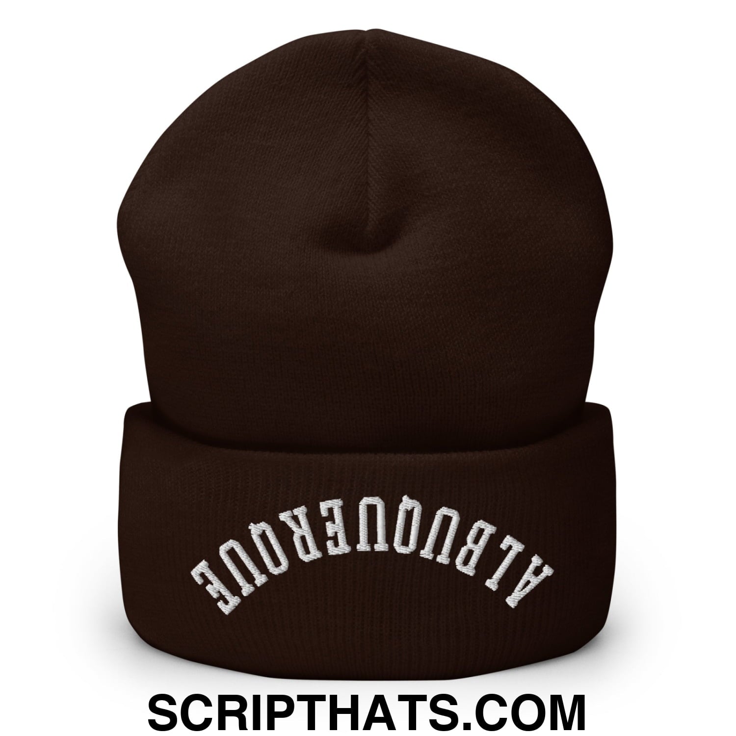 Dark brown knit beanie with folded cuff embroidered with albrecht in white arched lettering upsidedown albuquerque design