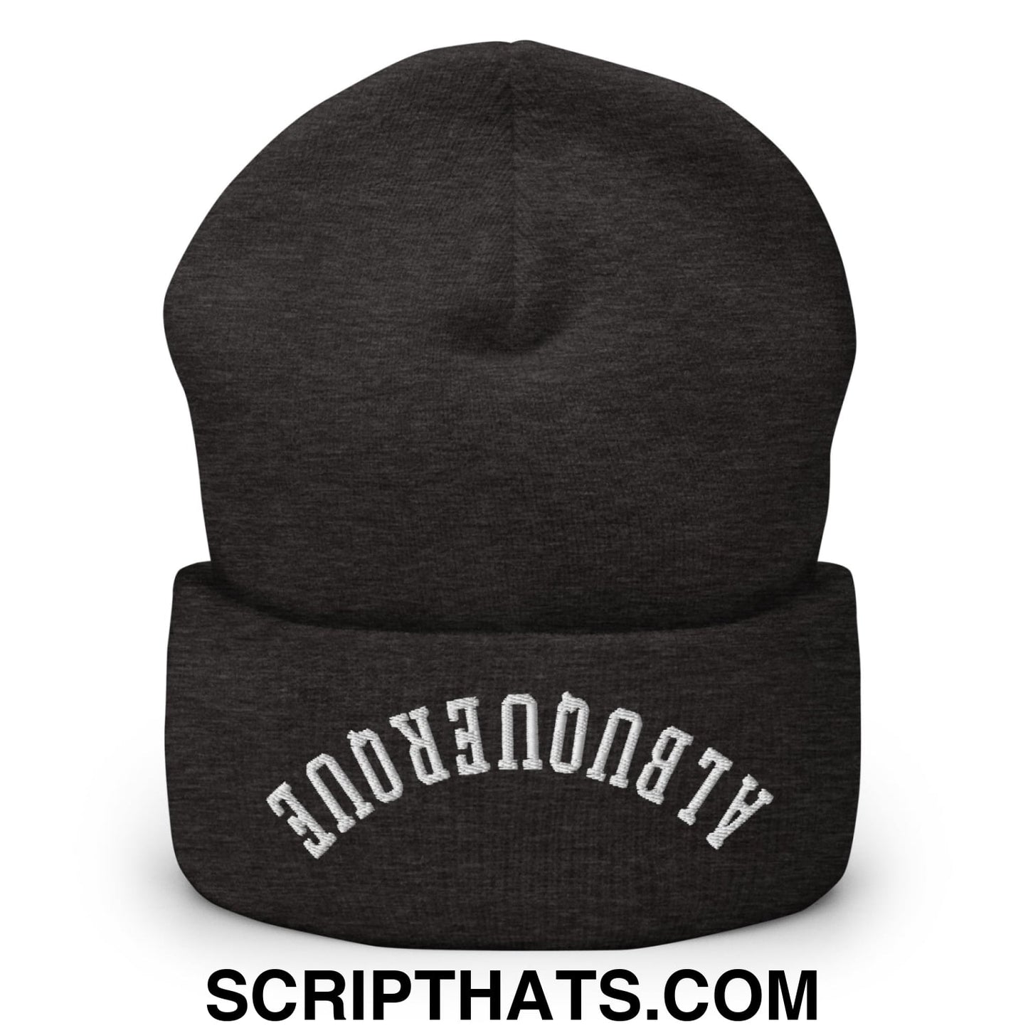 A dark heather gray knit cuffed beanie with white embroidered albuquerque upside down on the front