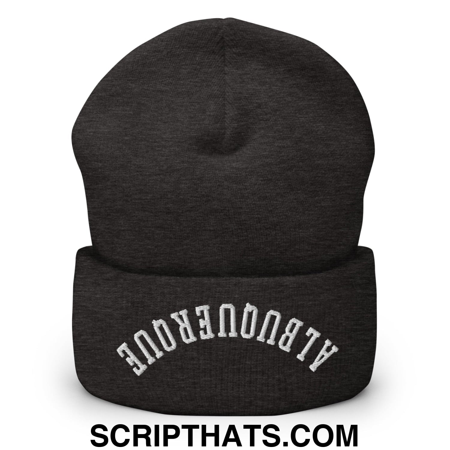A dark heather gray knit cuffed beanie with white embroidered albuquerque upside down on the front
