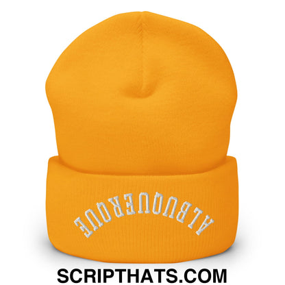 A vibrant orange knit beanie with a folded cuff embroidered with albrecht in white thread from upside down albuquerque