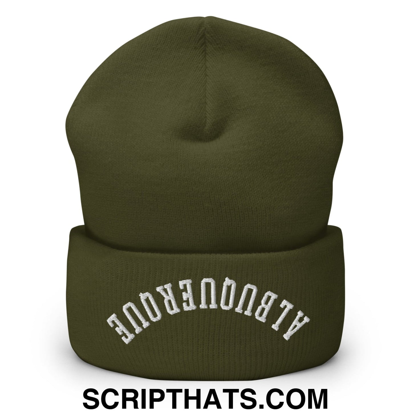Olive green knit cuffed beanie with white embroidered albuquerque arch in upside down design