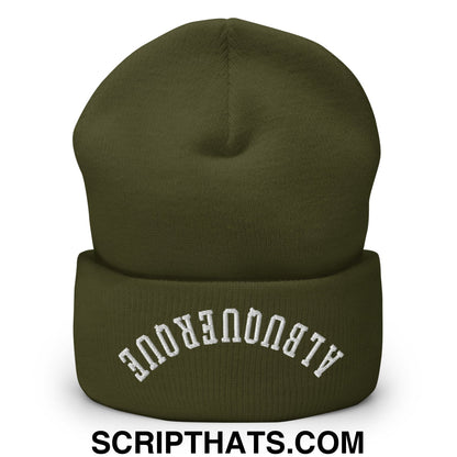 Olive green knit cuffed beanie with white embroidered albuquerque arch in upside down design