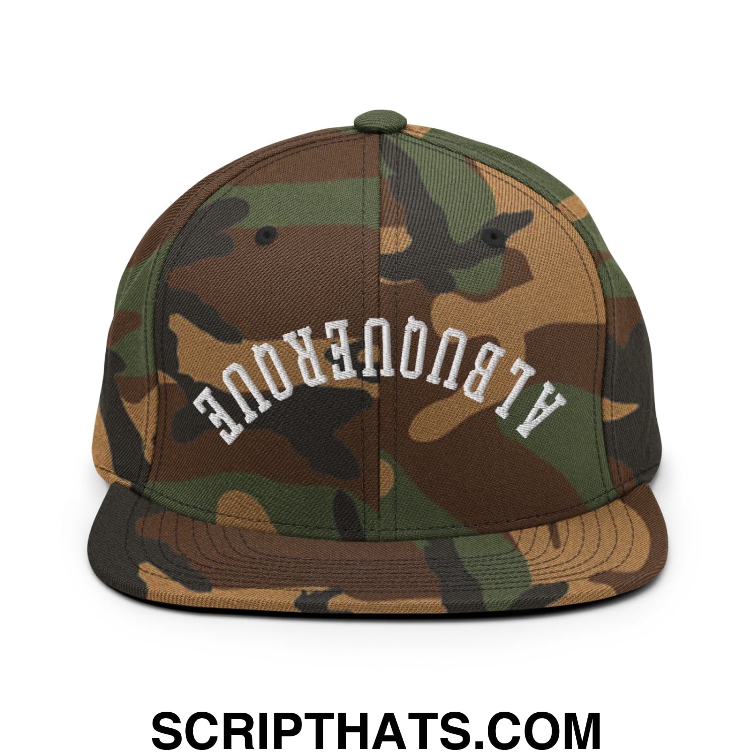 Upside Down Albuquerque Embroidered Flat Bill Brim Snapback Hat Green Camo