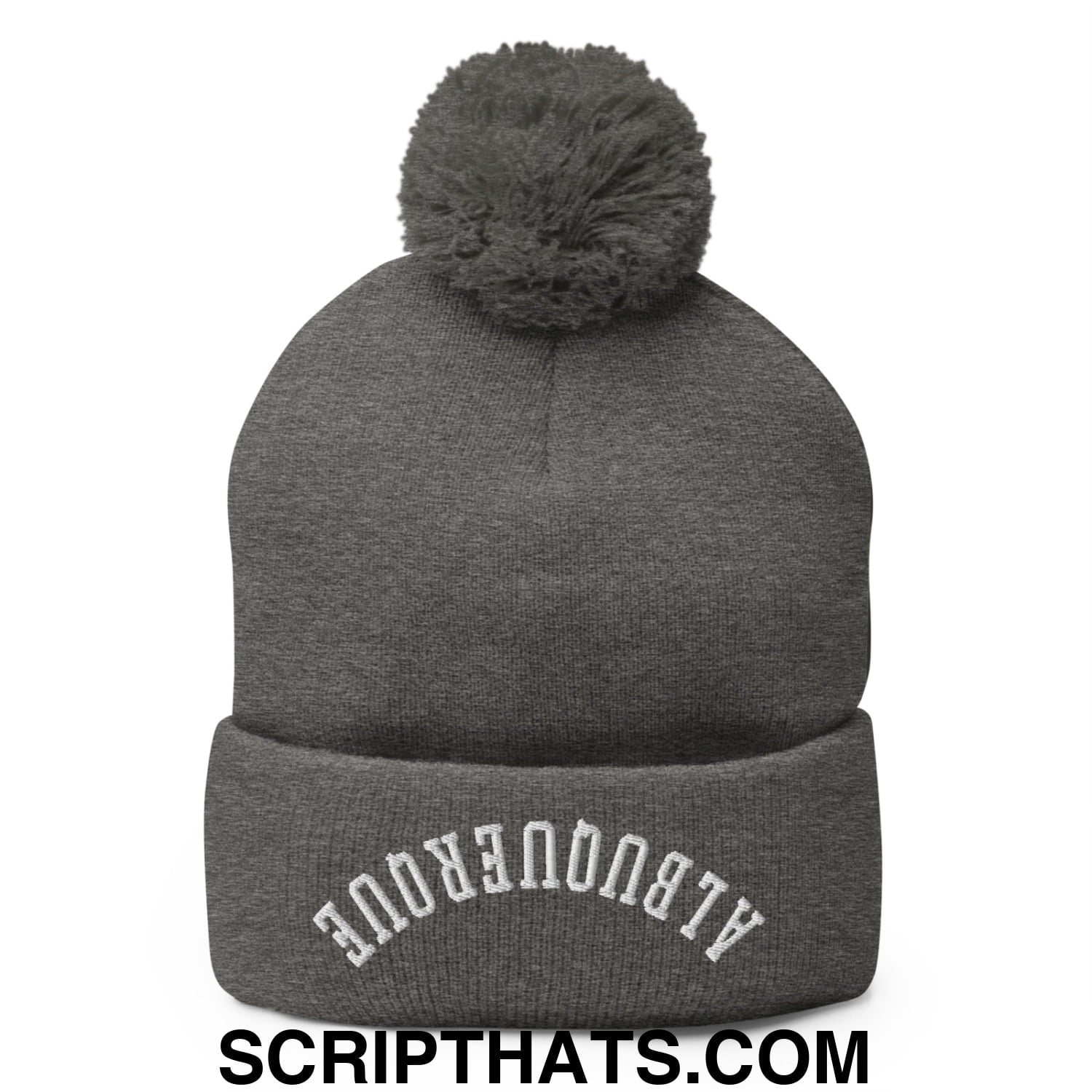 Gray knit beanie with matching fuzzy pom pom and white embroidered airbroncque text on folded brim