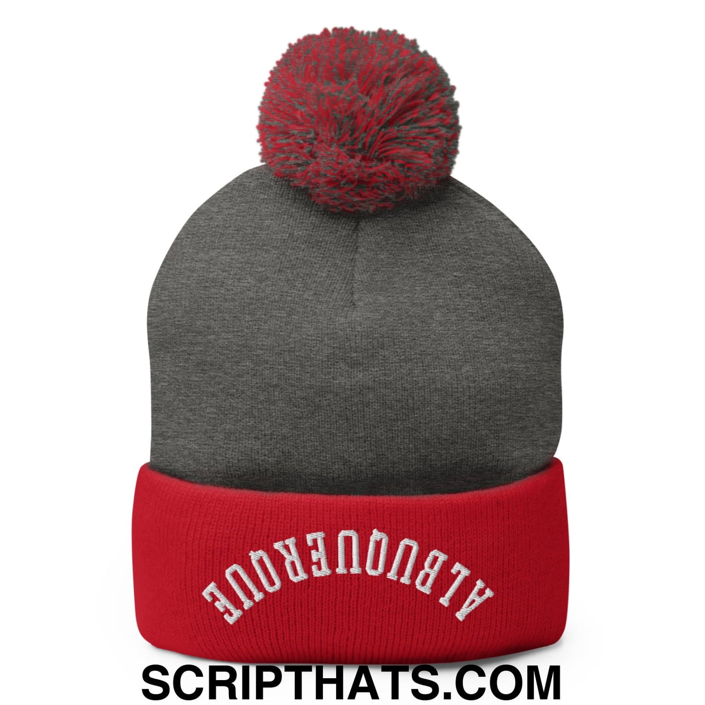 Gray and red knit pom pom beanie with airbroncrode embroidery on folded cuff from upside down albuquerque collection