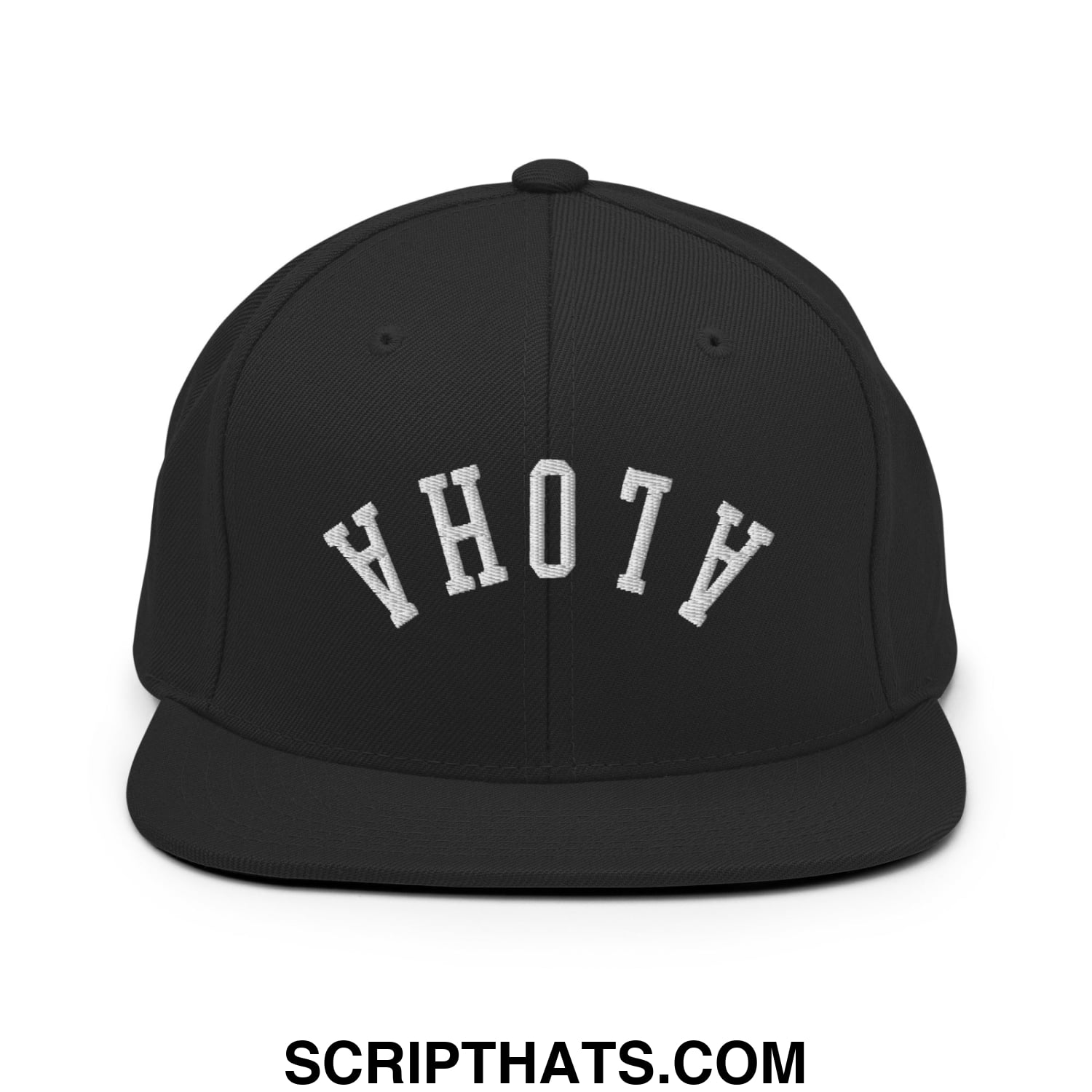 Black snapback hat with white embroidered ahoy lettering in a classic arched design flat bill brim snapback hat