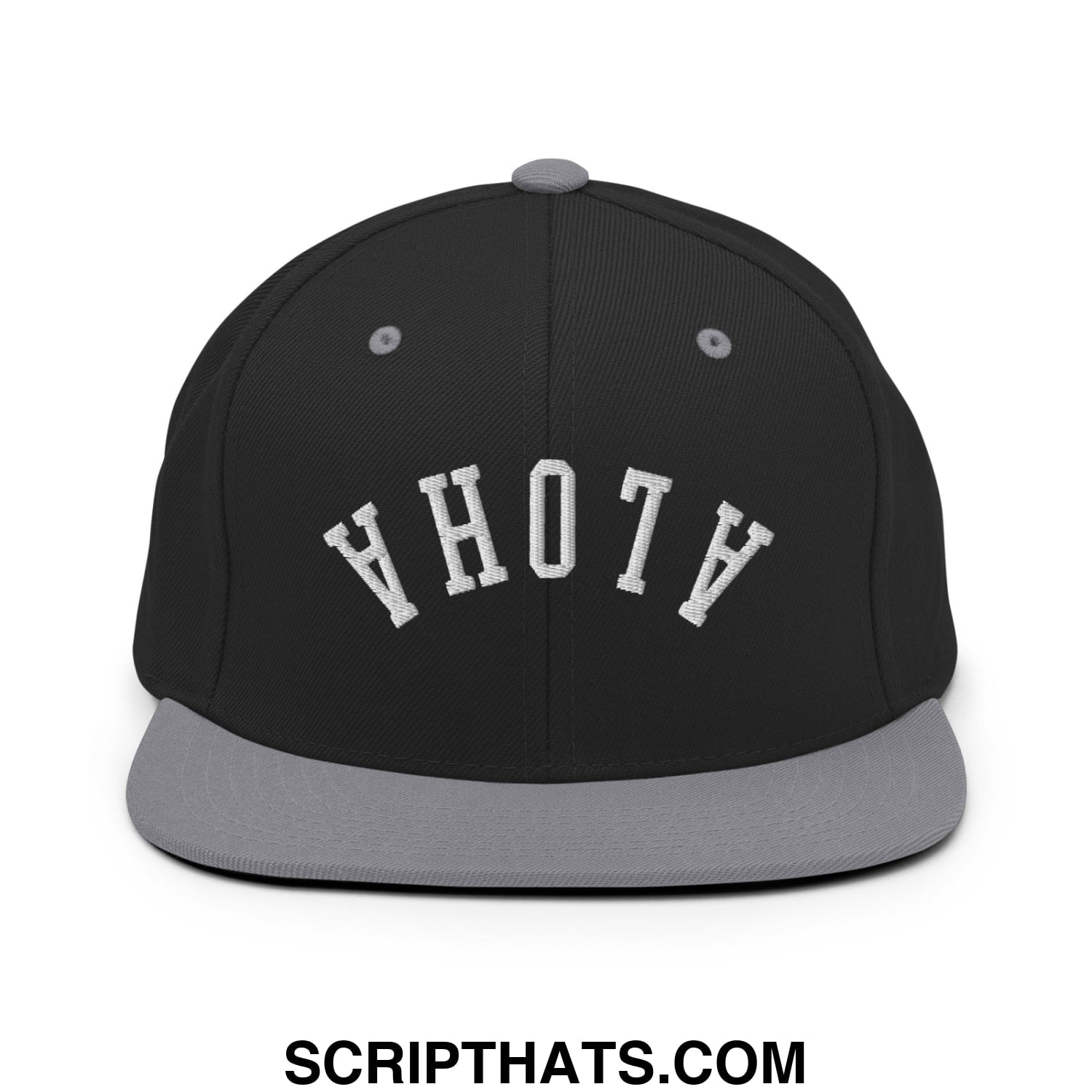 Black and gray snapback hat with white embroidered ahoy lettering featuring flat bill brim design