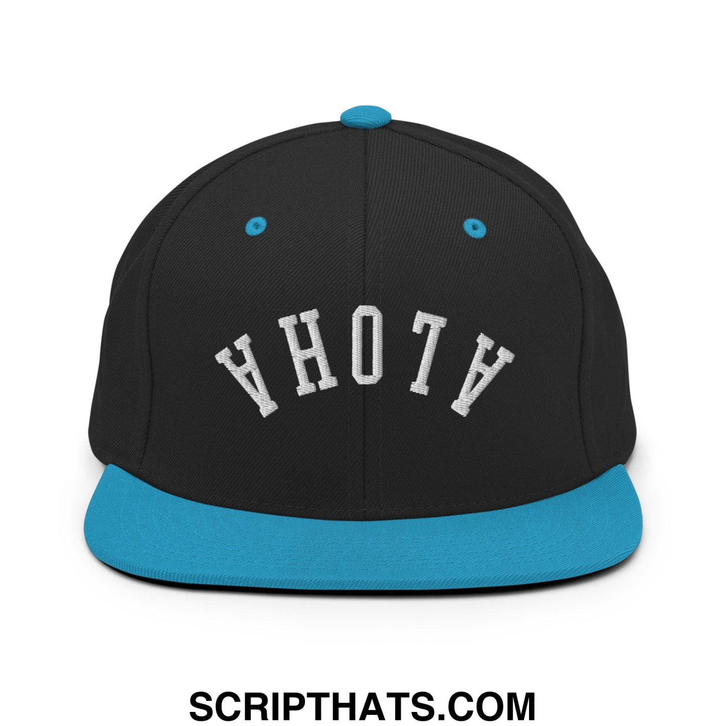 Black snapback cap with teal brim and button featuring white ahoh embroidery in arched lettering front design