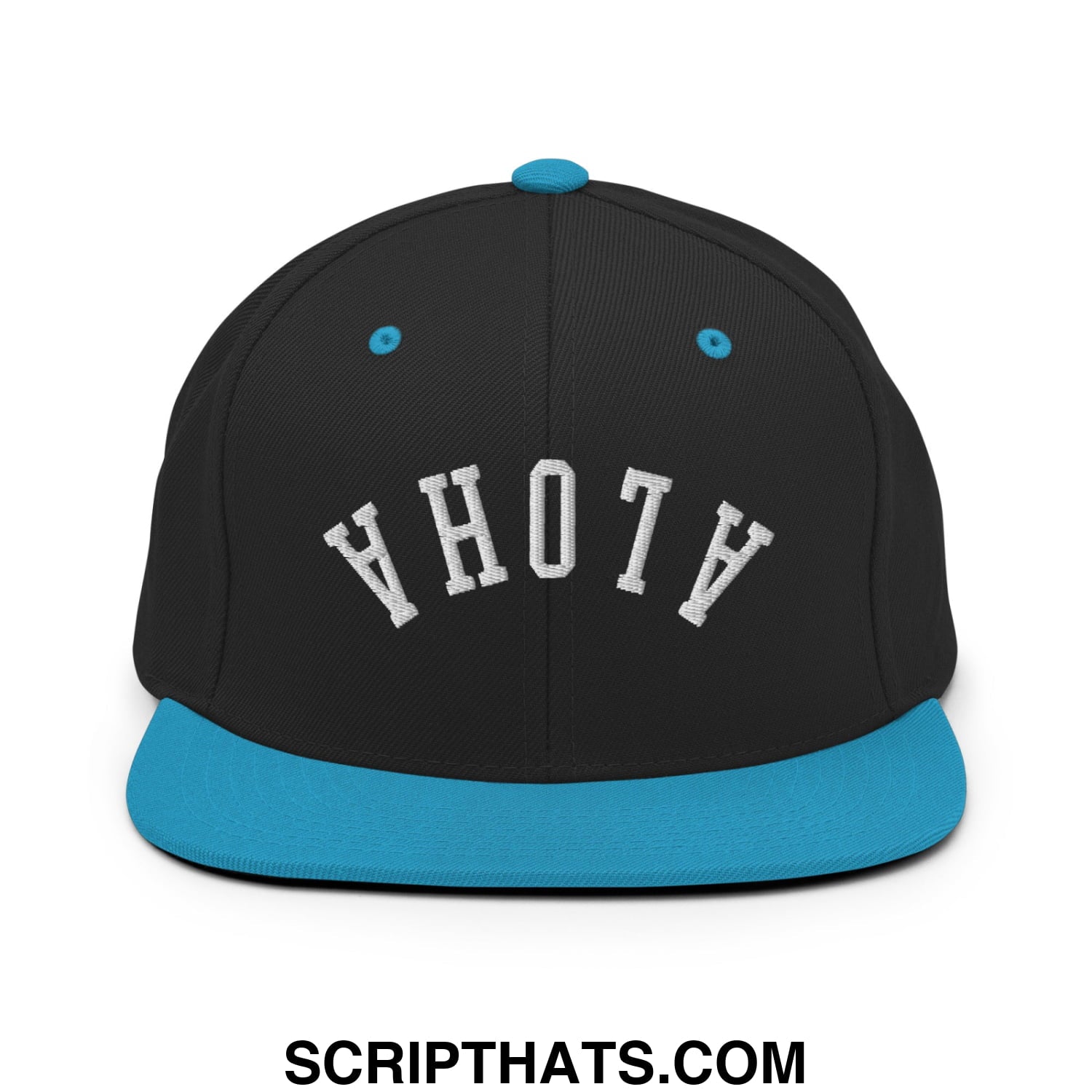 Black snapback cap with teal brim and button featuring white ahoh embroidery in arched lettering front design