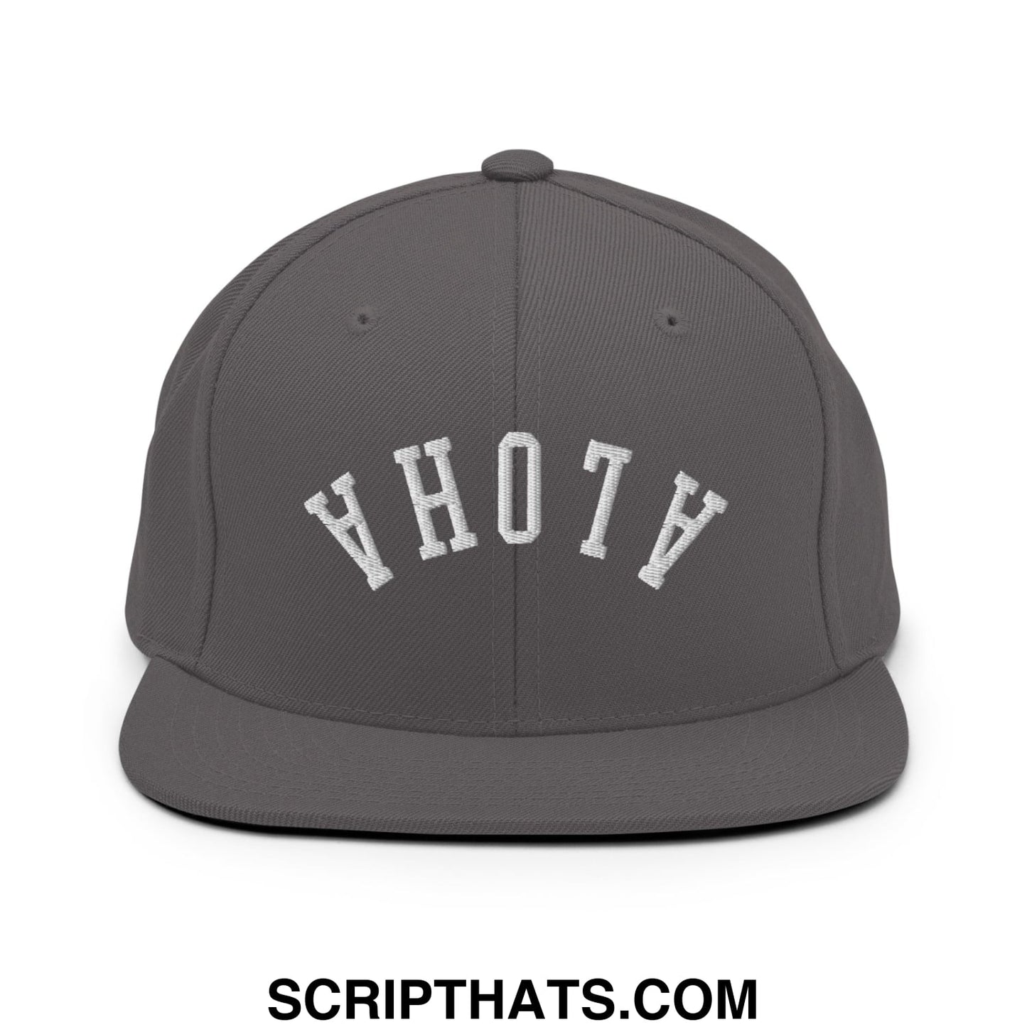 Dark gray snapback hat with white ahoth embroidery and flat bill brim from upside down aloha collection