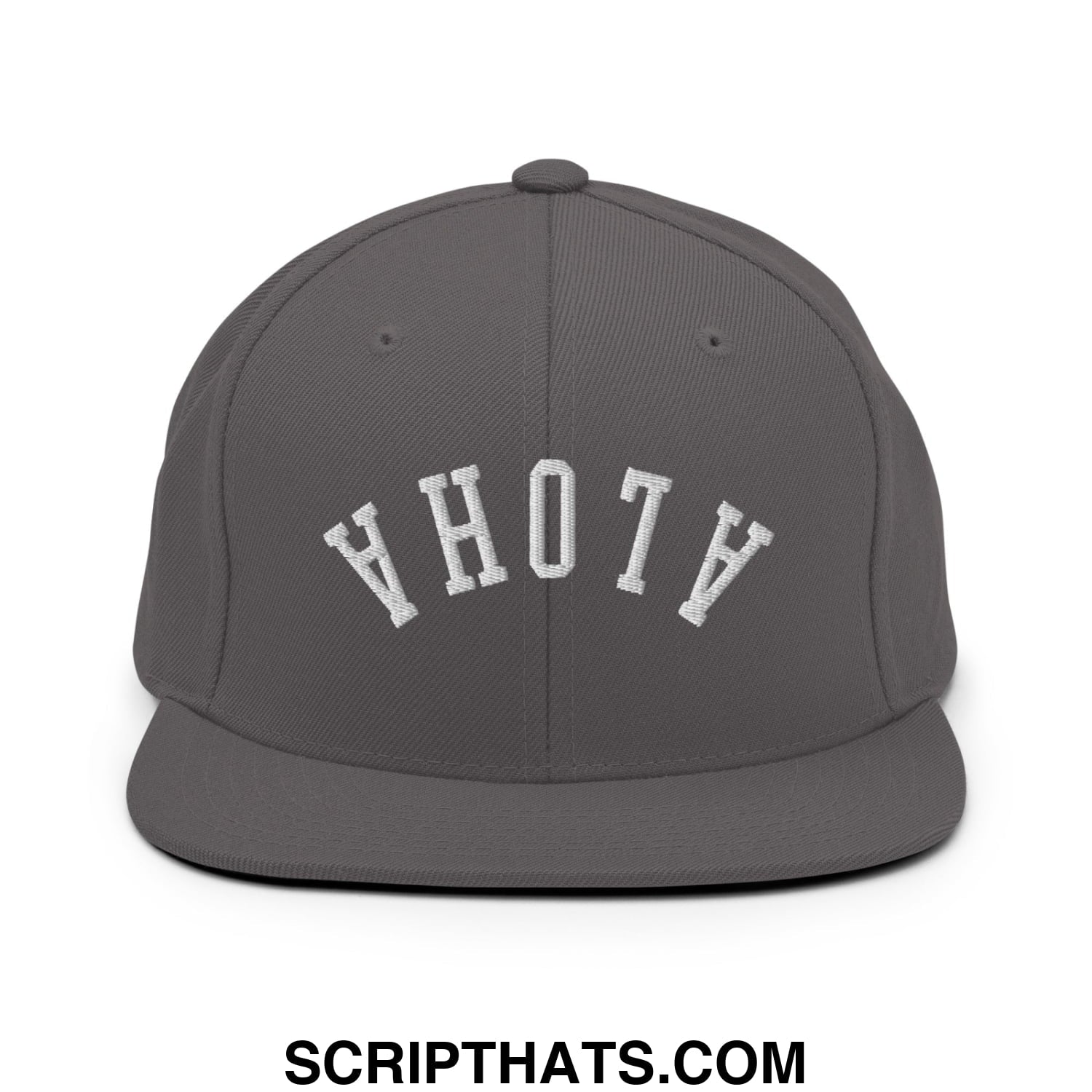 Dark gray snapback hat with white ahoth embroidery and flat bill brim from upside down aloha collection
