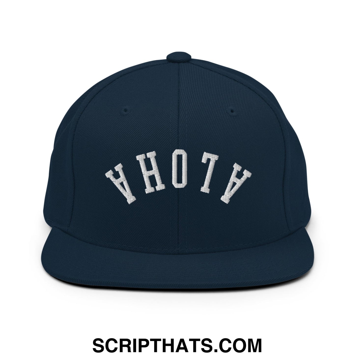 Navy blue snapback hat with white arched embroidery reading ahoy from upside down aloha embroidered flat bill brim collection