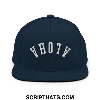 Navy blue snapback hat with white arched embroidery reading ahoy from upside down aloha embroidered flat bill brim collection