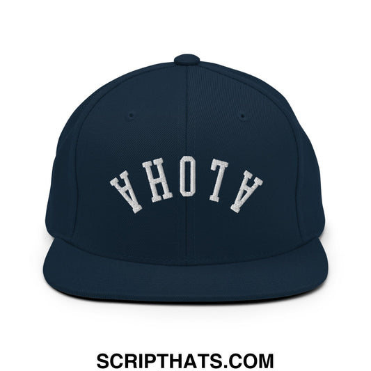 Upside Down Aloha Embroidered Flat Bill Brim Snapback Hat Dark Navy