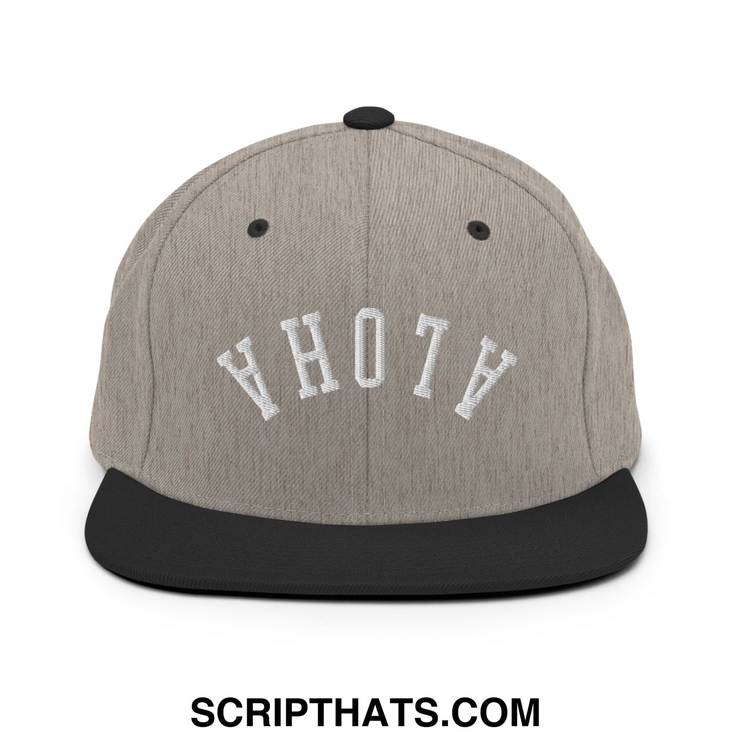 Gray and black snapback hat with white embroidered ahoy lettering and flat bill brim from upside down aloha collection