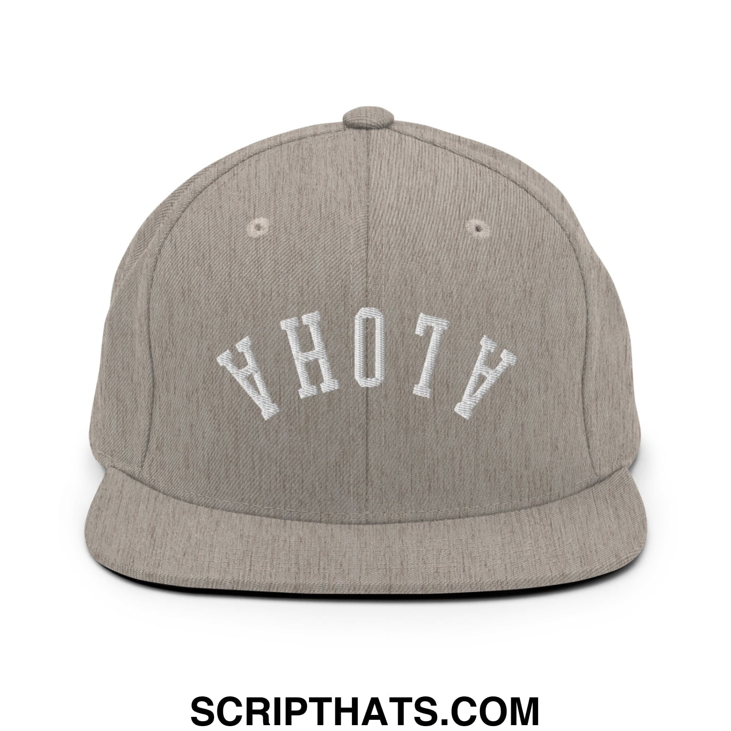 Gray snapback hat with white embroidered upside down aloha lettering and a flat bill brim for casual wear