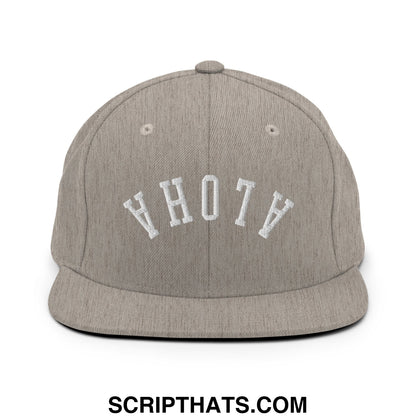 Gray snapback hat with white embroidered upside down aloha lettering and a flat bill brim for casual wear