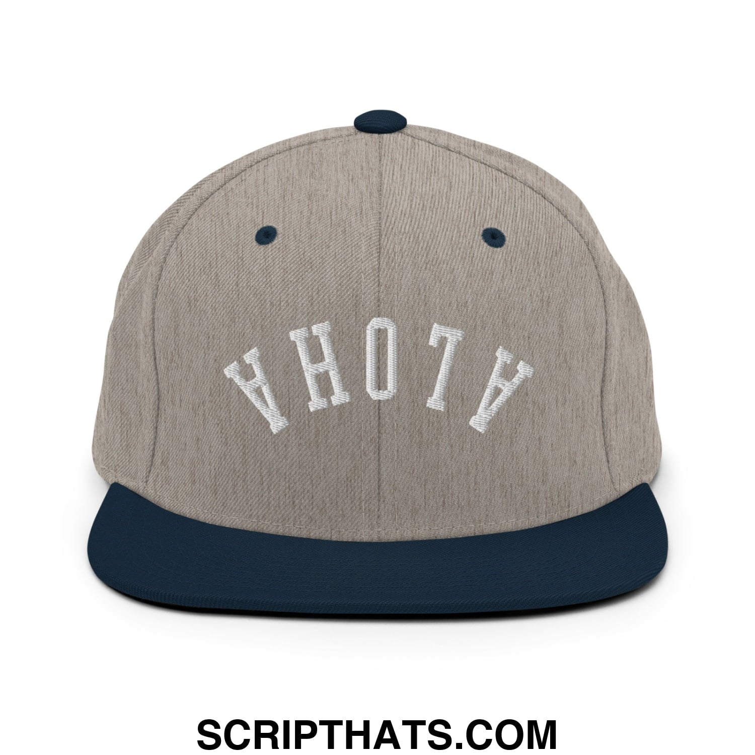A gray and navy blue snapback hat with white embroidered upside down aloha lettering and a flat bill brim