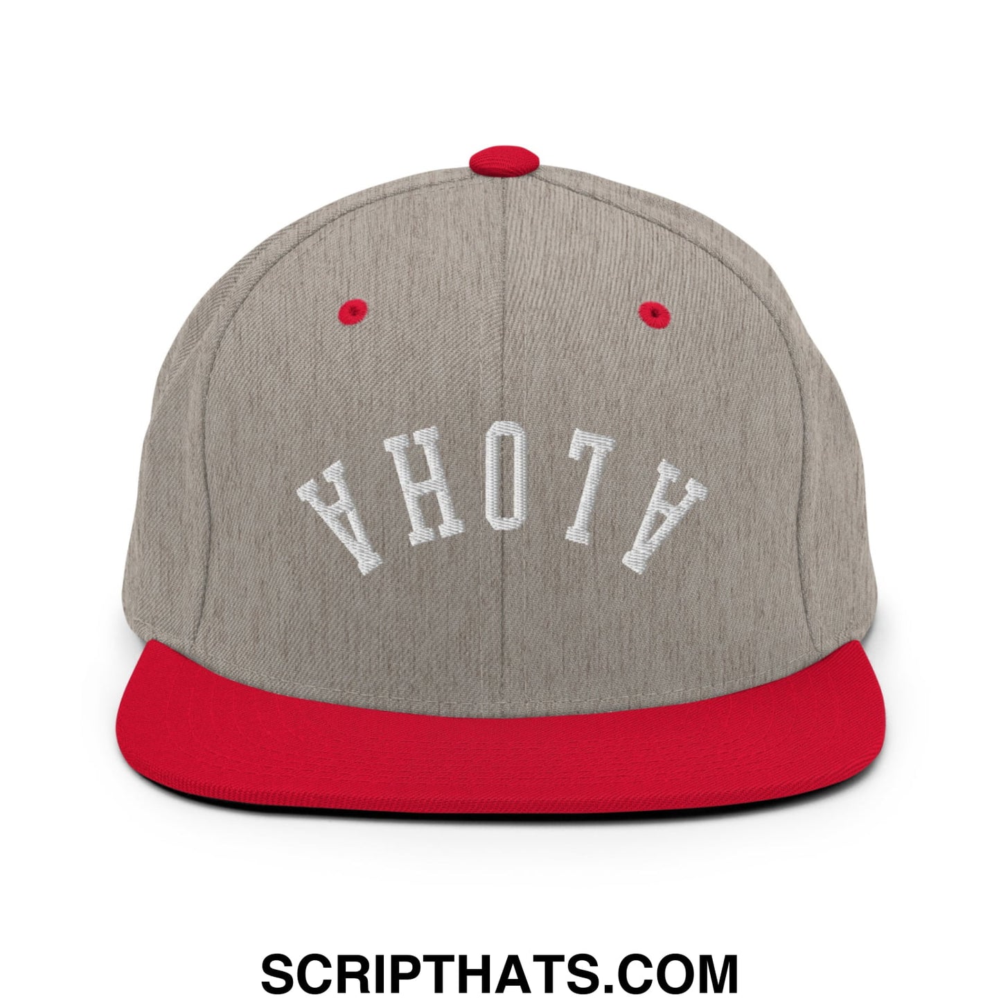 Gray and red snapback cap with white embroidered ahot lettering and flat bill brim from upside down aloha collection