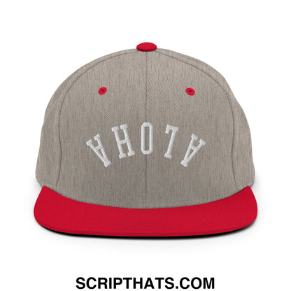 Gray and red snapback cap with white embroidered ahot lettering and flat bill brim from upside down aloha collection