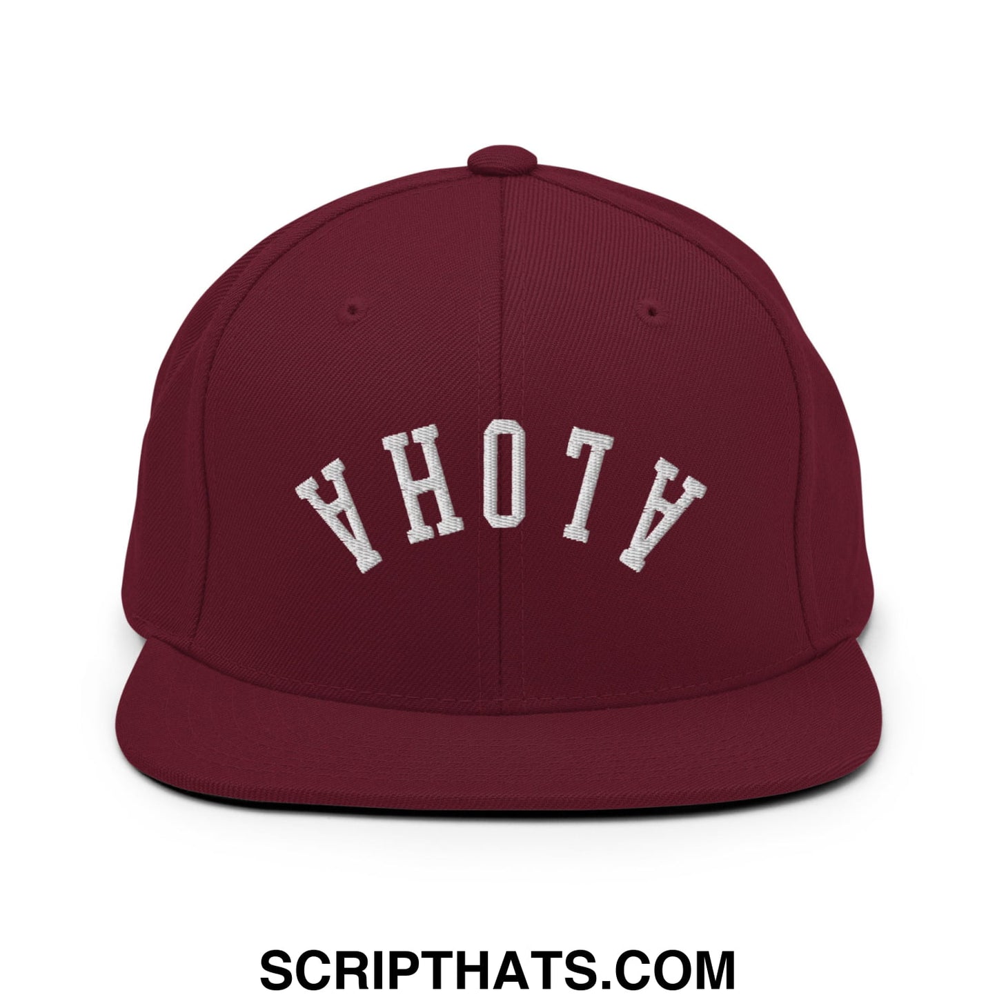 Maroon flat bill brim snapback hat with white embroidered ahoy lettering in a classic arched design