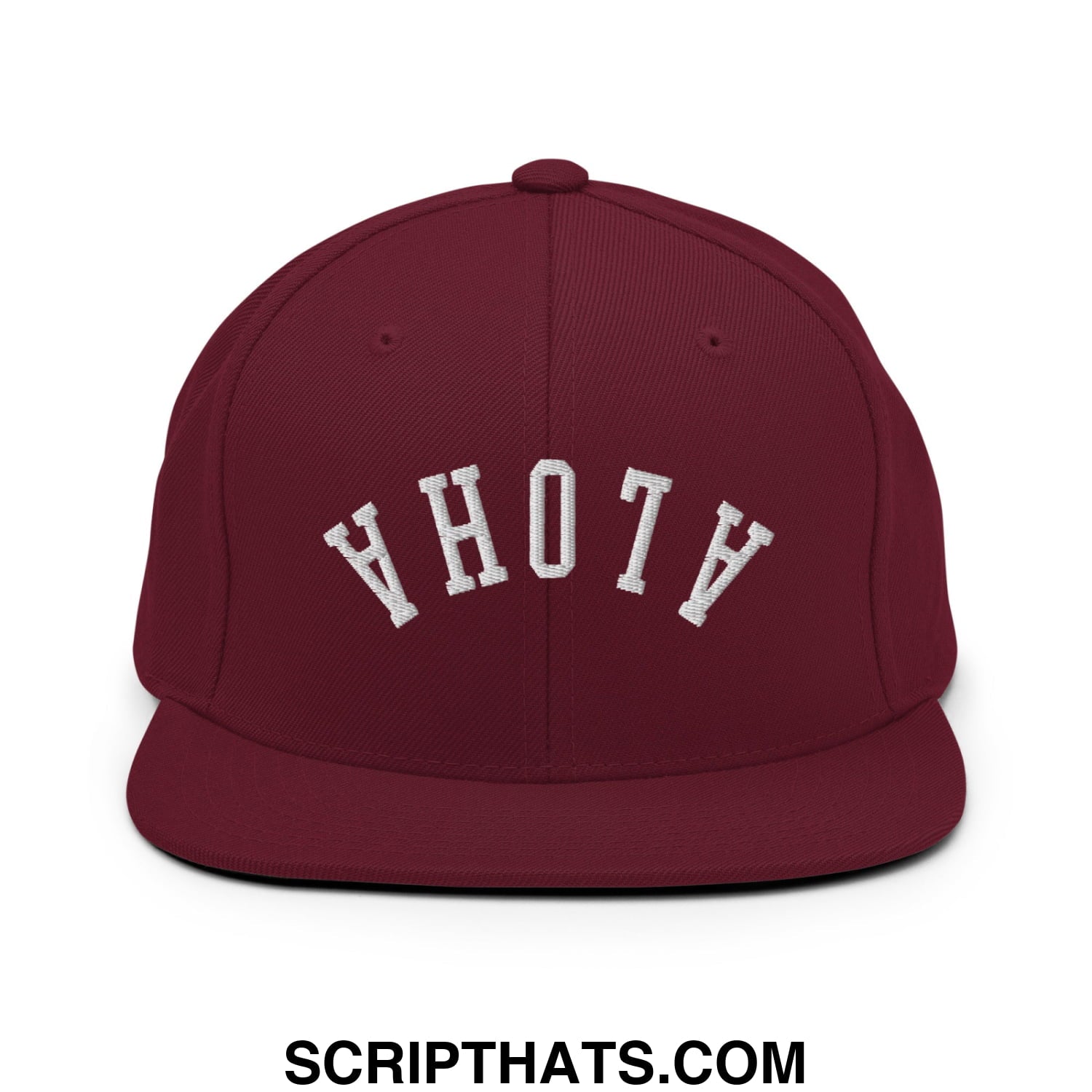 Maroon flat bill brim snapback hat with white embroidered ahoy lettering in a classic arched design