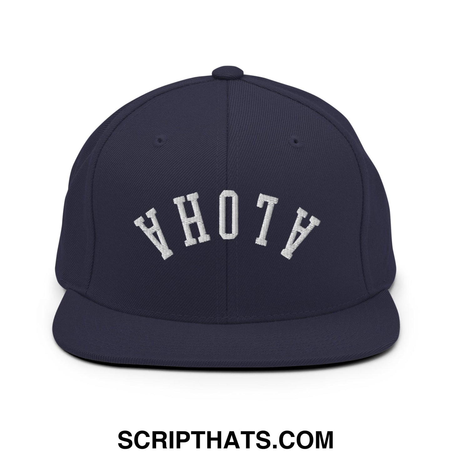 Navy blue snapback hat with white arched hoth embroidery and flat bill brim in upside down aloha style