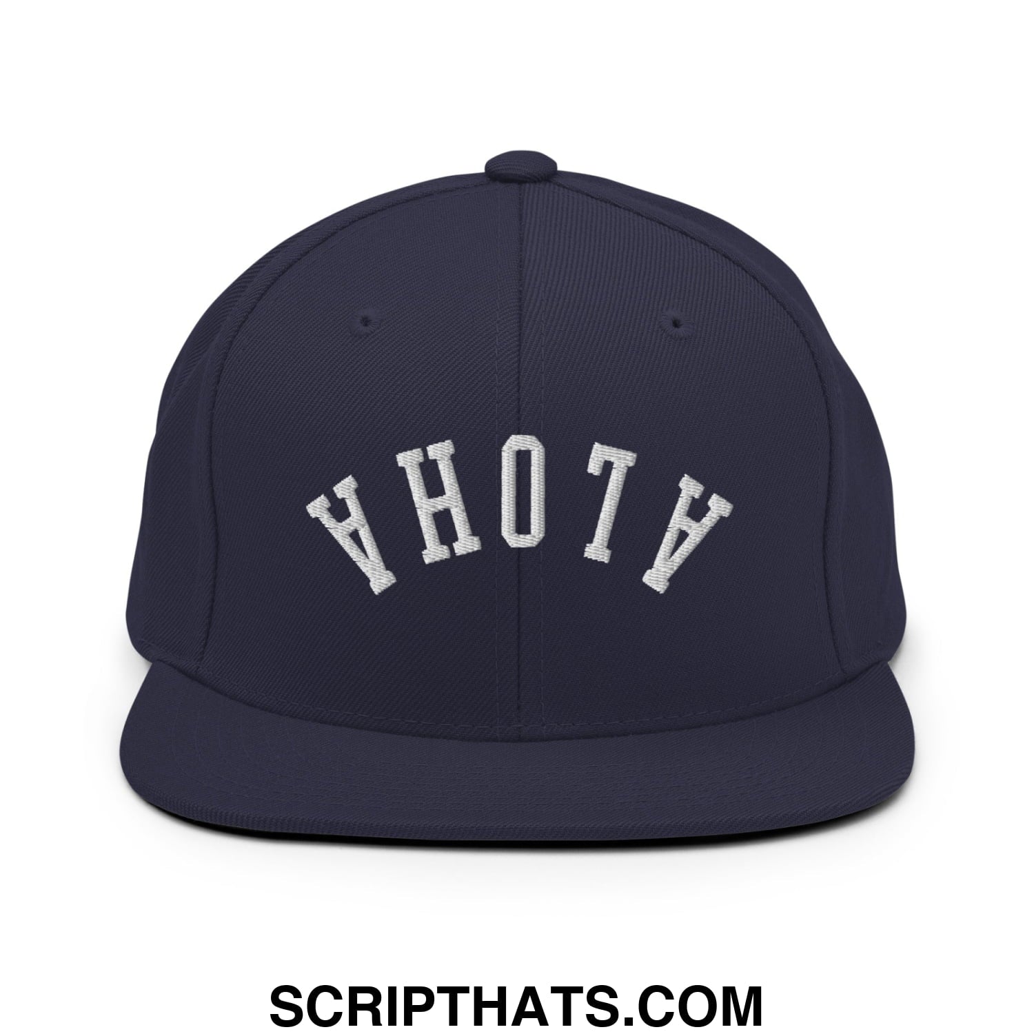 Navy blue snapback hat with white arched hoth embroidery and flat bill brim in upside down aloha style