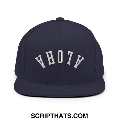 Navy blue snapback hat with white arched hoth embroidery and flat bill brim in upside down aloha style