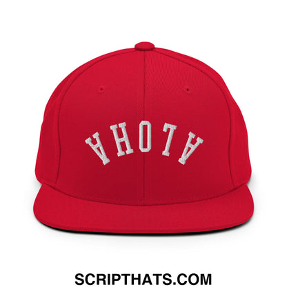 A vibrant red snapback hat with white embroidered ahot lettering and a flat bill brim for casual wear