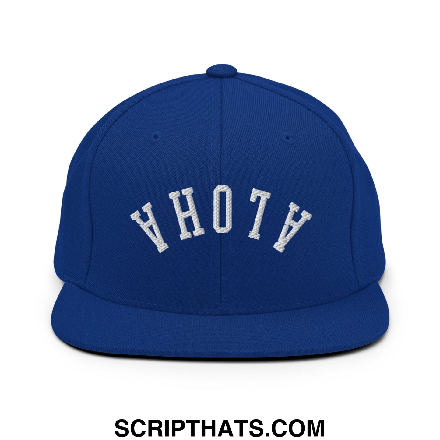 Royal blue snapback hat with white embroidered ahoy lettering in a classic arched design and flat bill brim