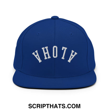 Royal blue snapback hat with white embroidered ahoy lettering in a classic arched design and flat bill brim