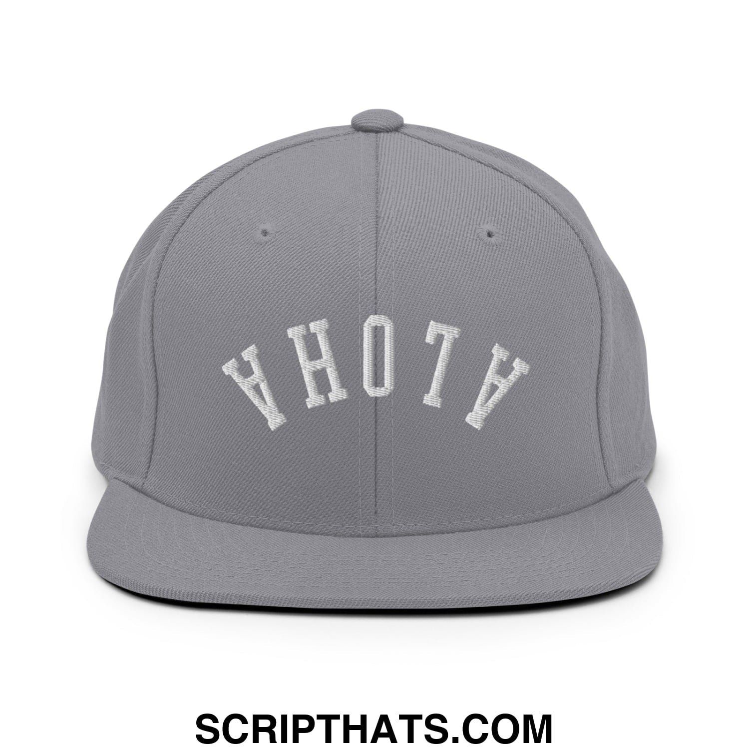 Gray snapback cap with white embroidered ahoty lettering in an arched design upside down aloha flat bill brim hat