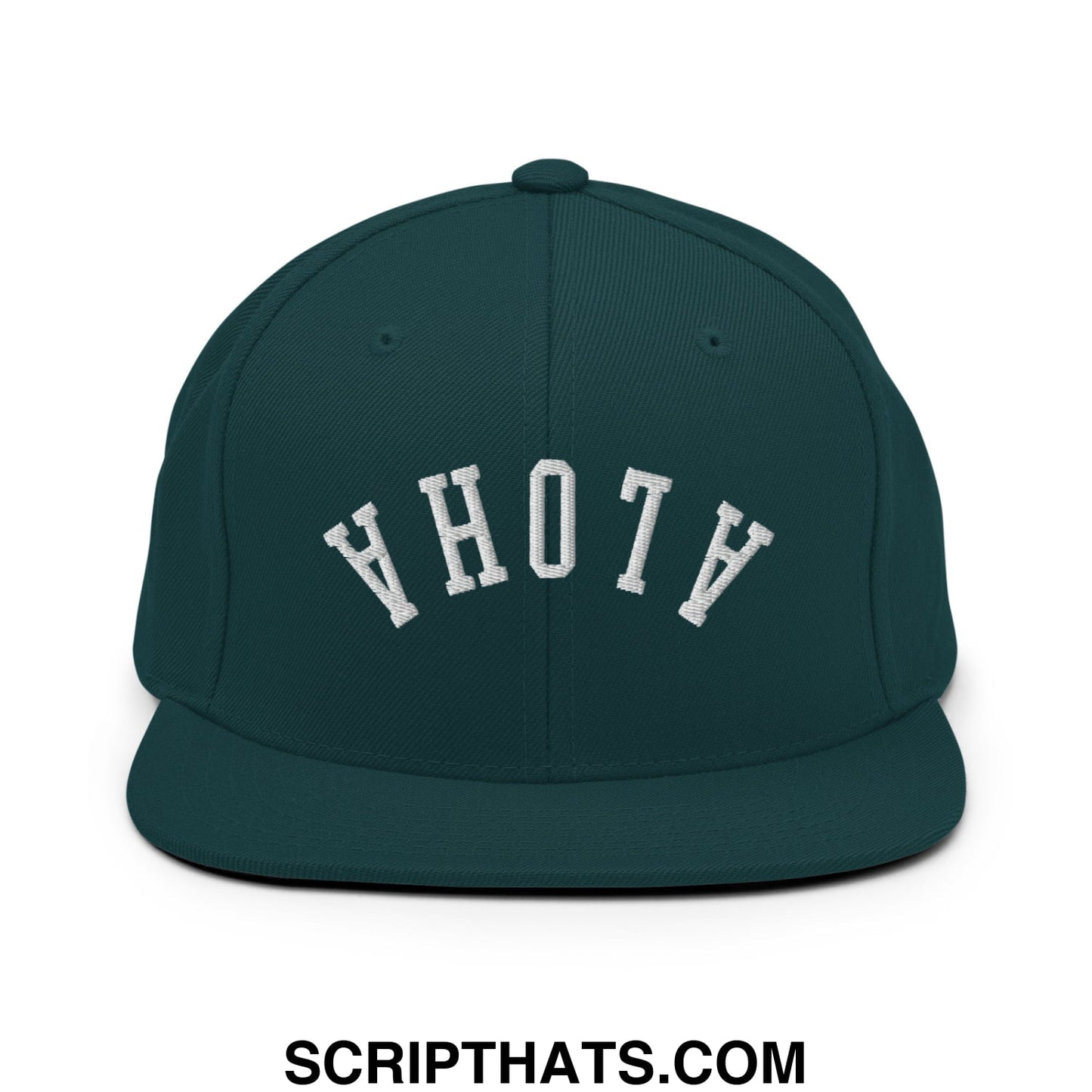 Dark green snapback hat with white embroidered yhoth lettering and flat bill brim in upside down aloha style