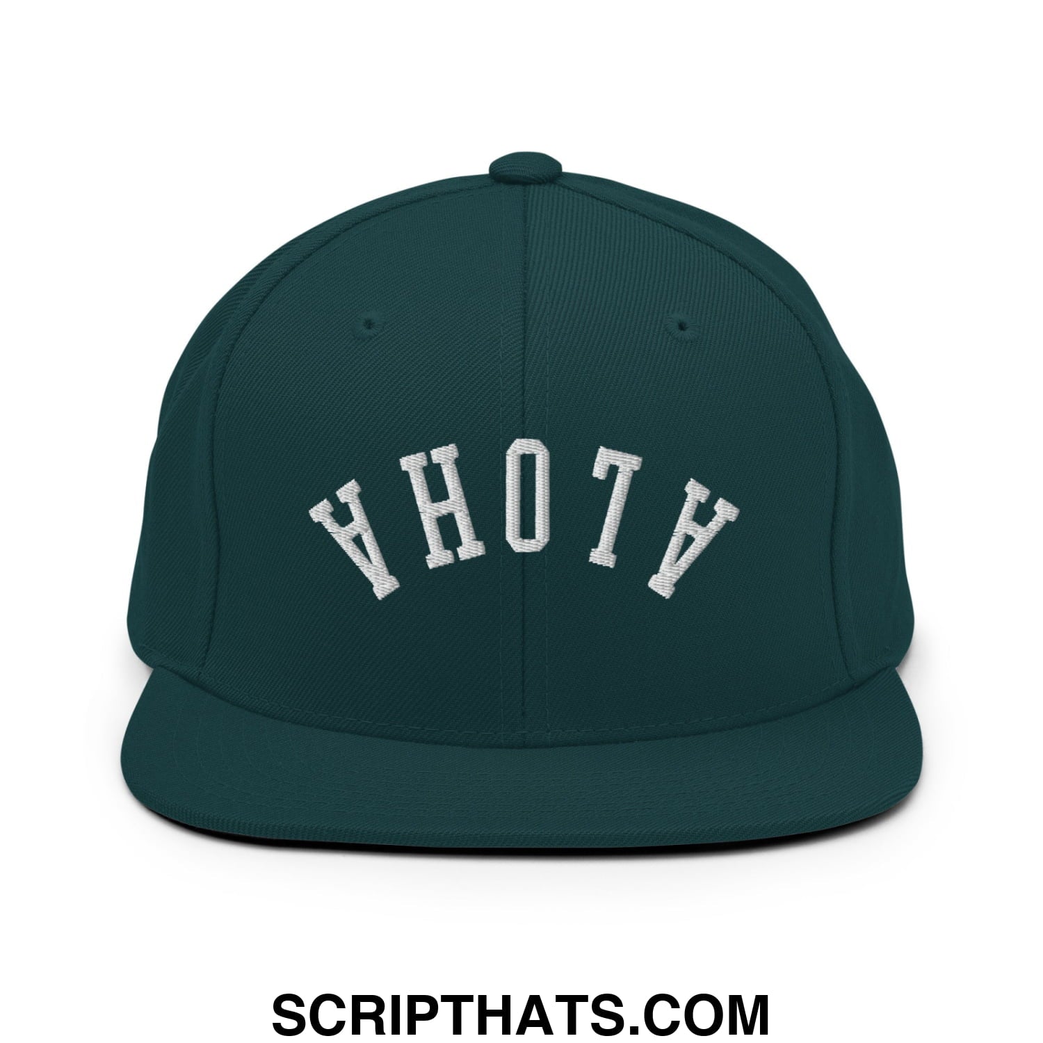 Dark green snapback hat with white embroidered yhoth lettering and flat bill brim in upside down aloha style